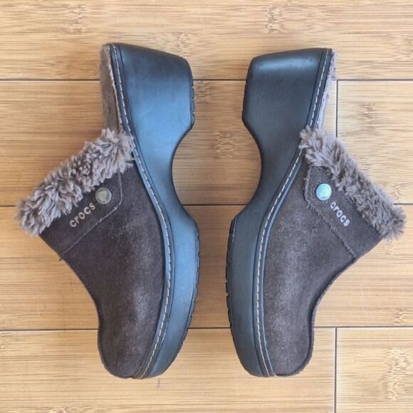 Crocs Clog Cobbler Eva Brown Suede Faux Fur Lined Slip On Mule Chunky Boho sz 7 - Picture 5 of 12
